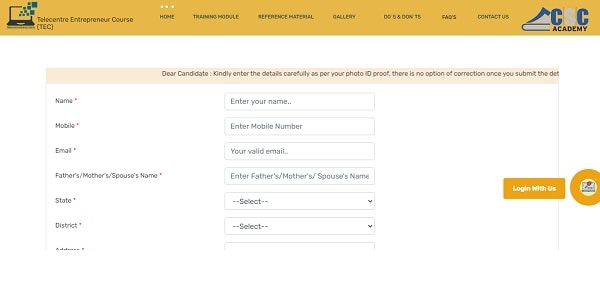 TEC Registration form for New CSC centre